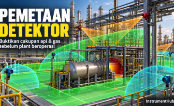Ilustrasi pemetaan cakupan detektor api dan gas di fasilitas proses dengan area blind spot di balik vessel.