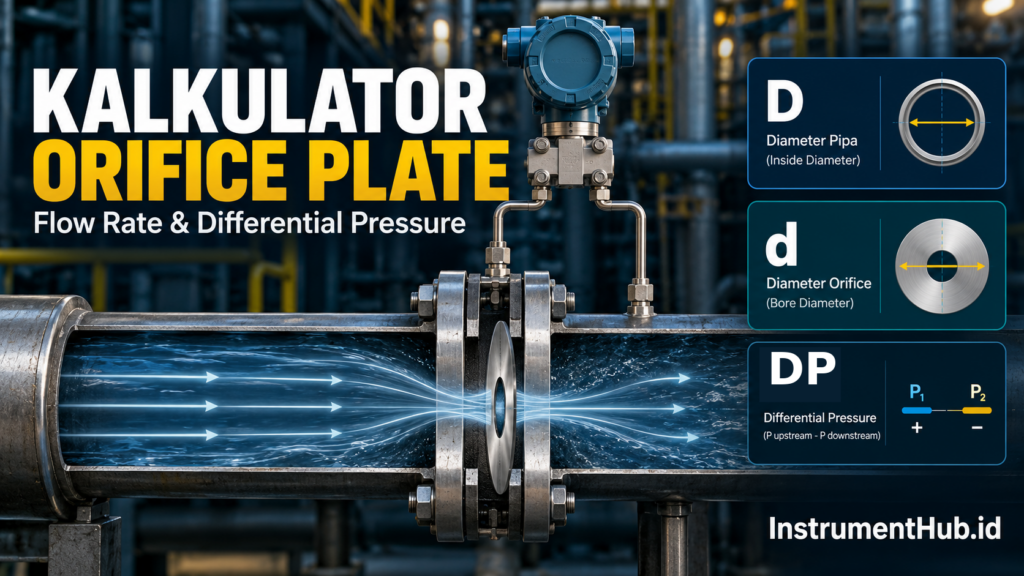 Orifice plate pada pipa dengan dua pressure tap dan transmitter beda tekanan