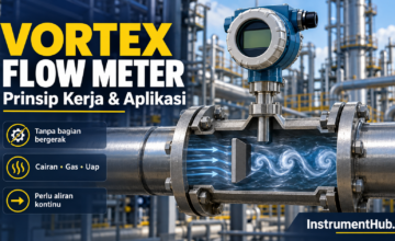 Featured image vortex flow meter dengan shedder bar dan transmitter terintegrasi.