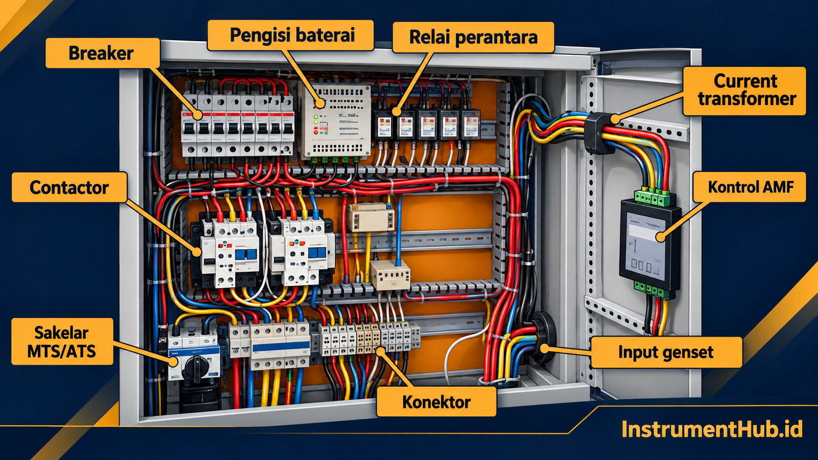 Komponen yang terlihat pada panel automatic transfer switch, termasuk breaker, contactor, relai perantara, pengisi baterai, current transformer, dan sambungan genset. Susunan panel aktual dapat berbeda.