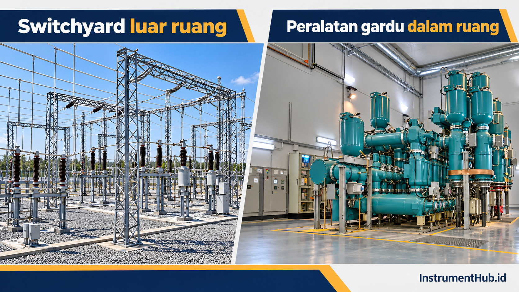 Perbandingan switchyard terbuka dan peralatan gardu dalam ruang sebagai konteks penyaluran daya dari pembangkit menuju jaringan transmisi.