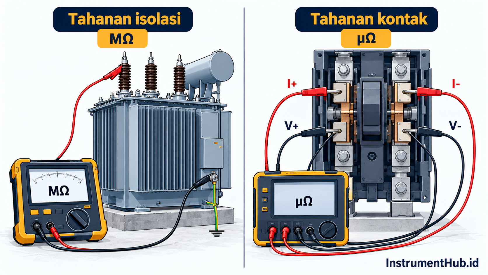 Pengukuran tahanan isolasi dengan megohmmeter berbeda dari pengukuran tahanan kontak rendah dengan micro-ohmmeter. Kedua pengujian memakai prosedur dan batas penerimaan yang berbeda.