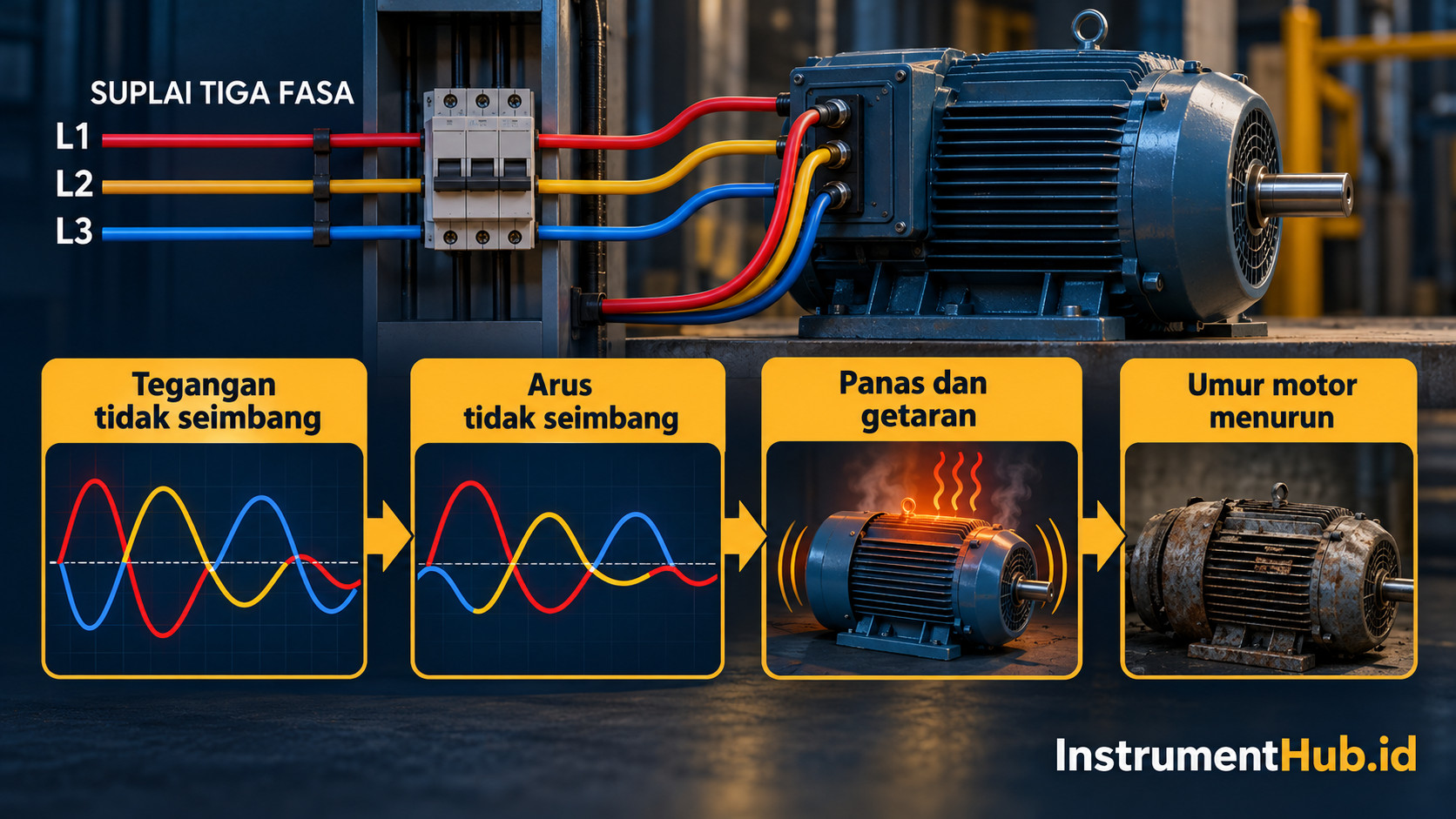 Tegangan tiga fasa yang tidak seimbang dapat memicu ketidakseimbangan arus, pemanasan, getaran, serta penurunan umur motor.