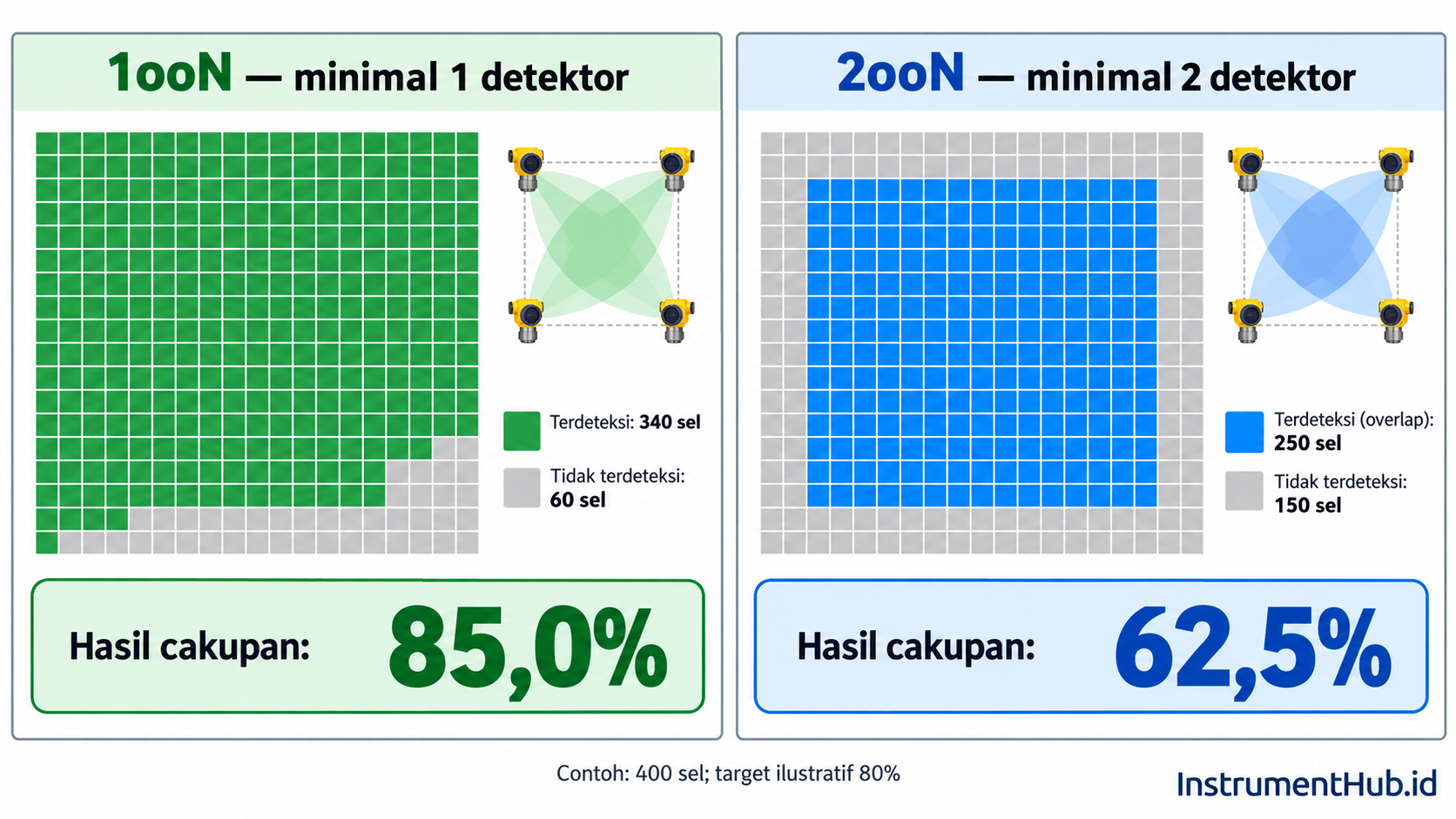 Infografik perbandingan cakupan 1ooN sebesar 85,0% dan cakupan 2ooN sebesar 62,5% pada contoh grid 400 sel.