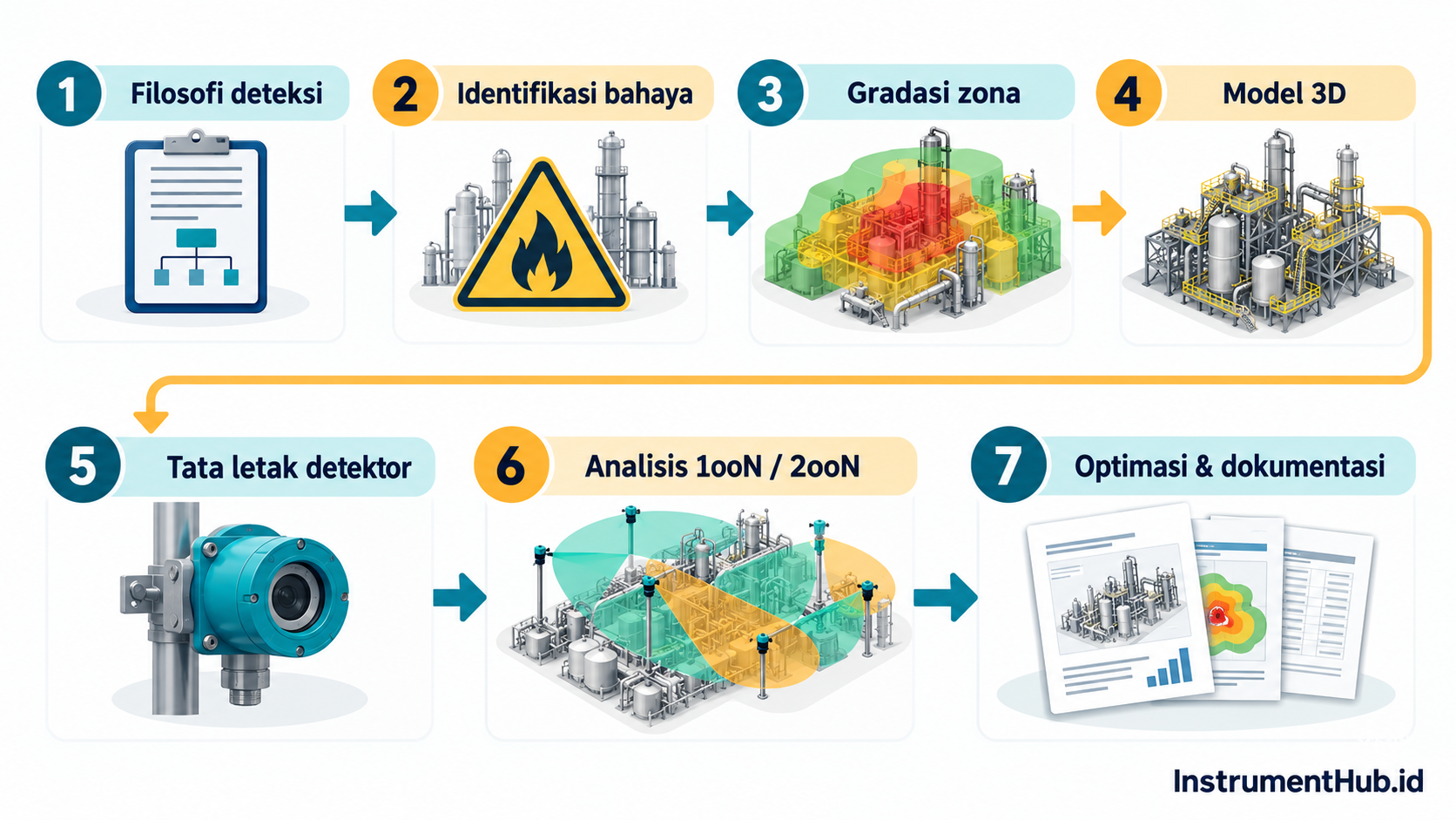 Diagram alur tujuh tahap studi fire and gas mapping dari filosofi deteksi hingga optimasi dan dokumentasi.