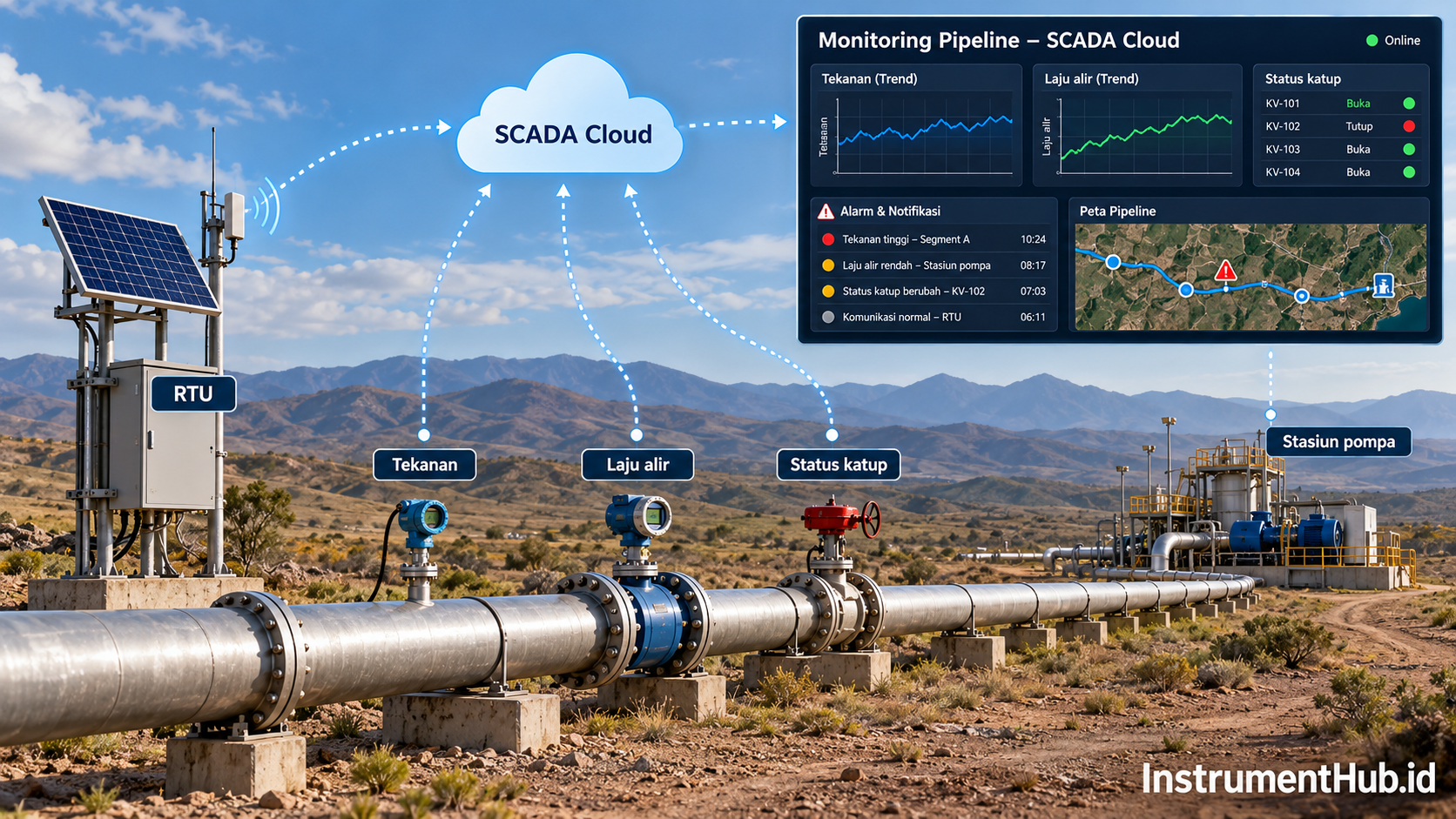 Pemantauan jalur pipa jarak jauh dengan RTU dan cloud SCADA